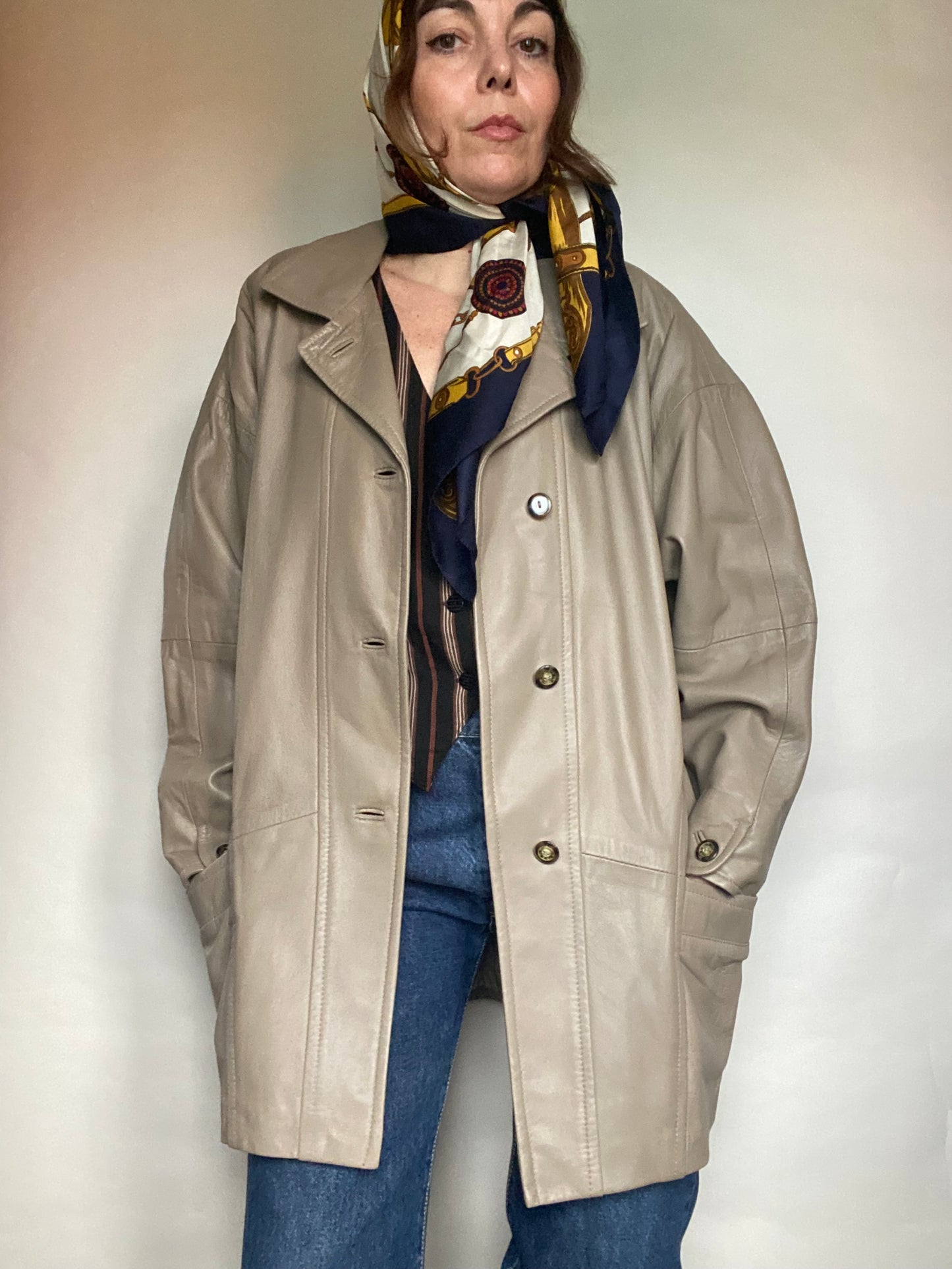 Giacca pelle tortora oversize