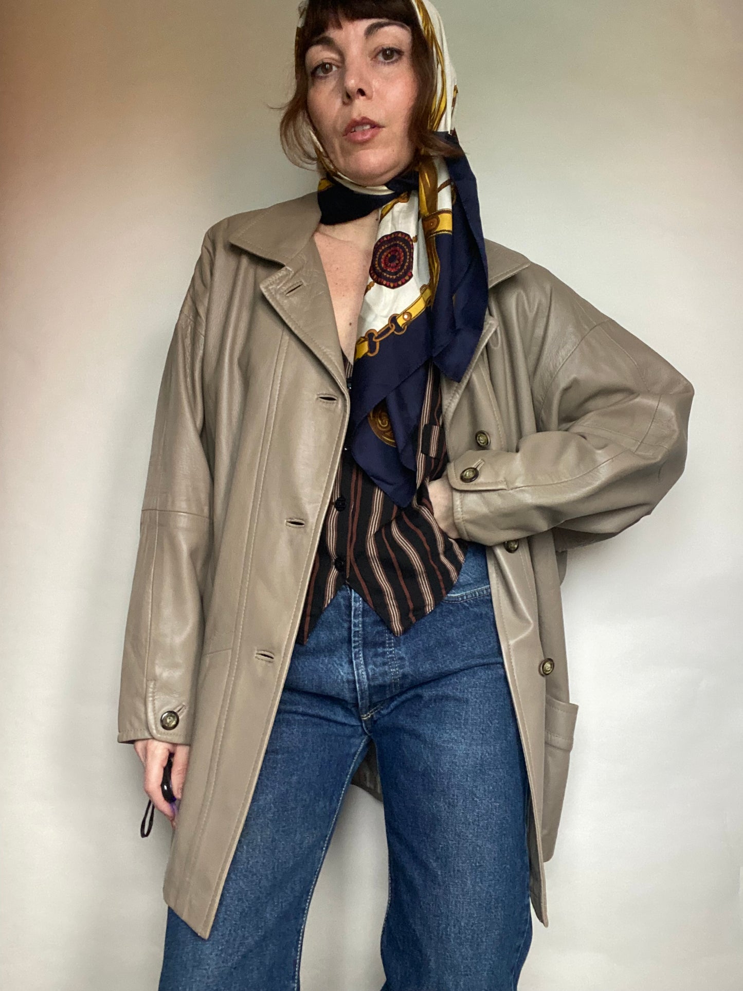 Giacca pelle tortora oversize