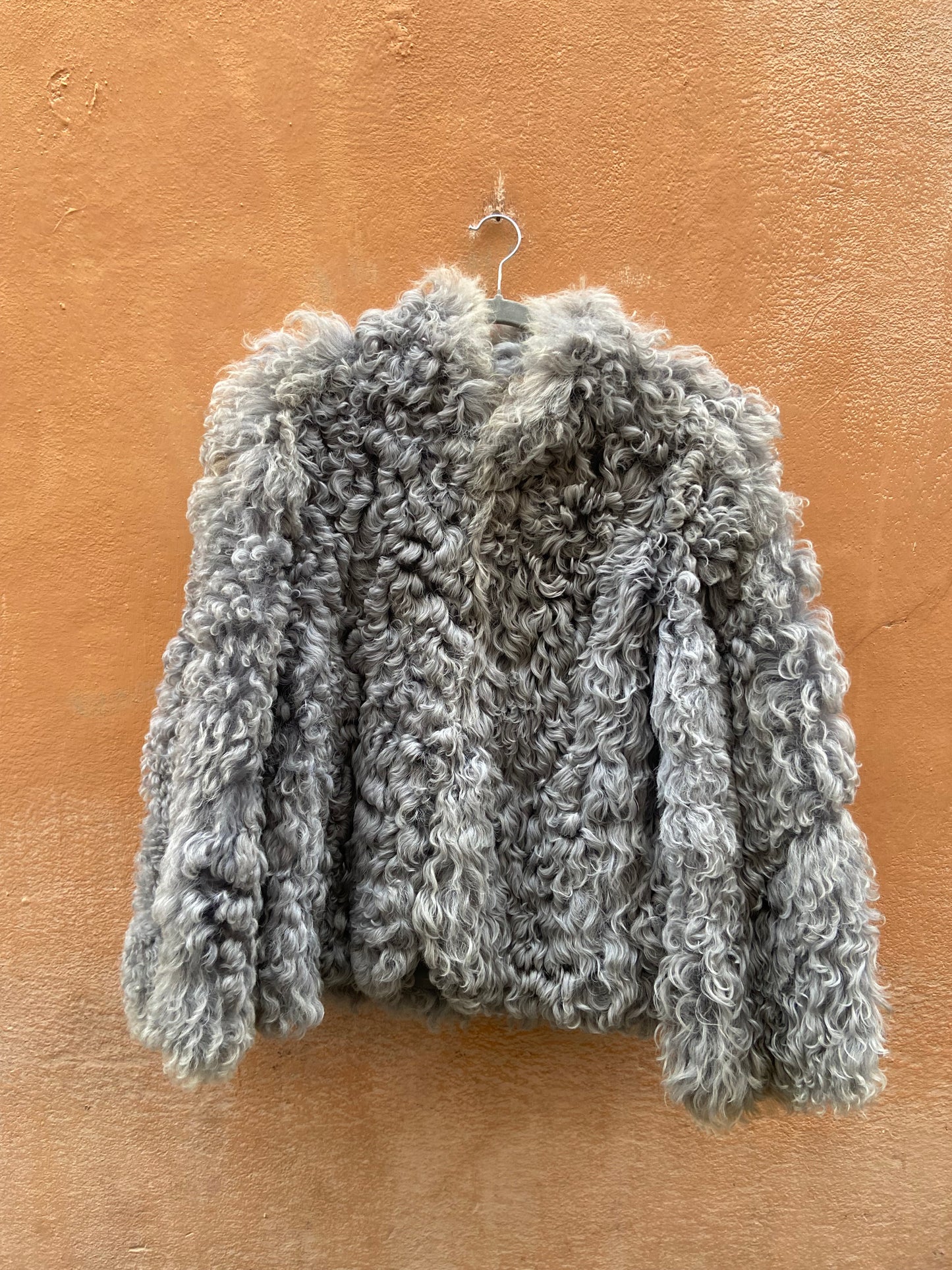 Pelliccia fluffy vintage azzurro grigio