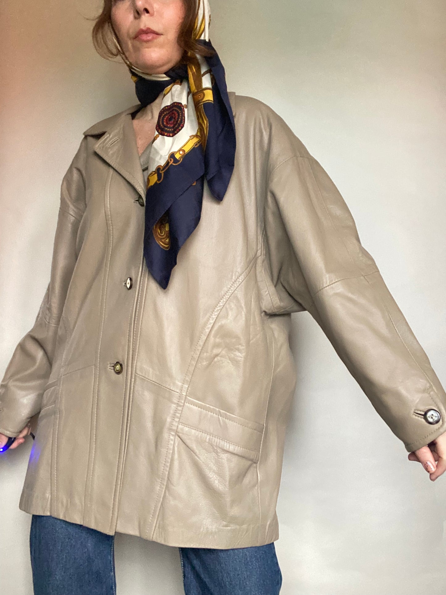 Giacca pelle tortora oversize