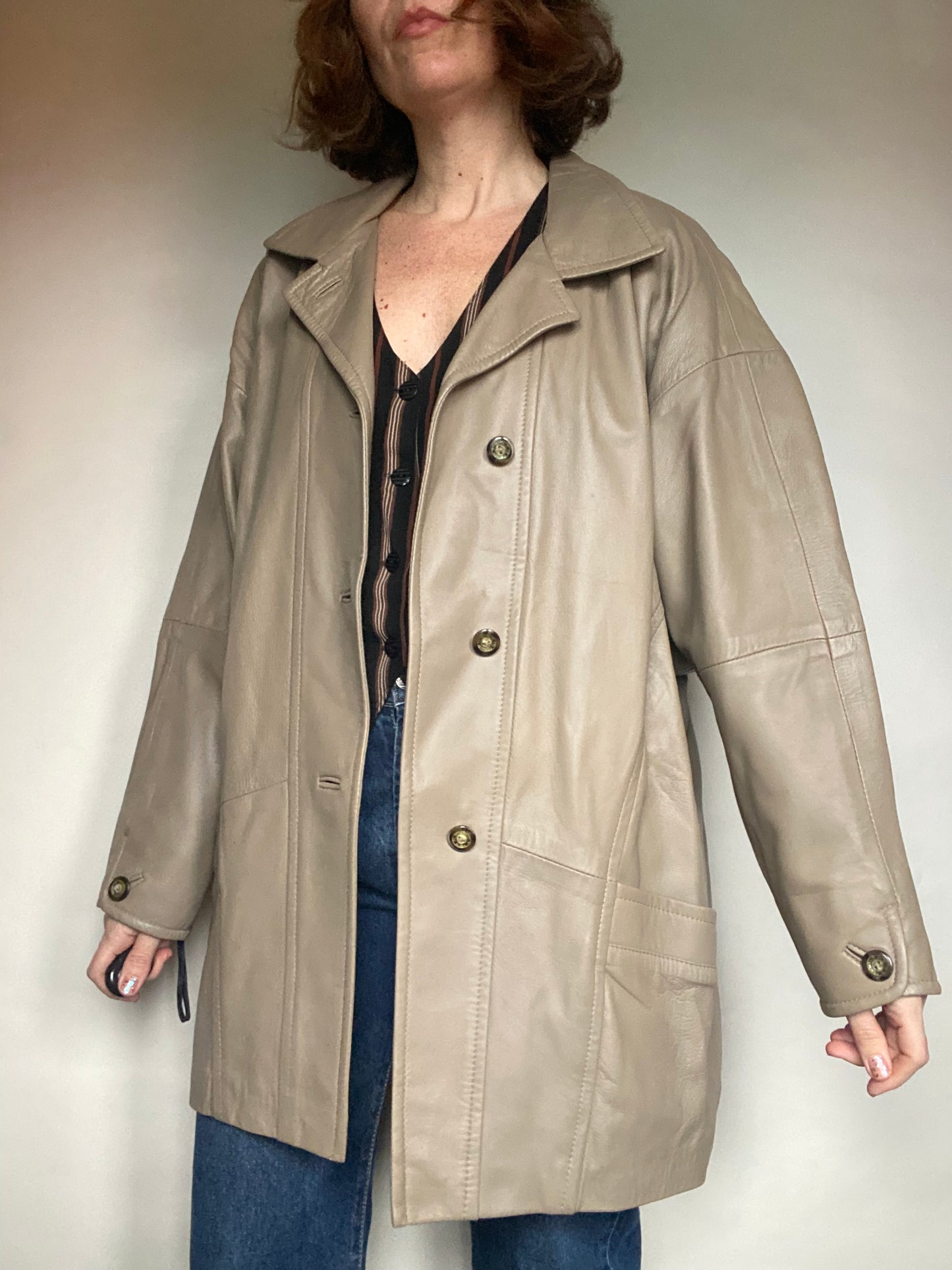 Giacca pelle tortora oversize